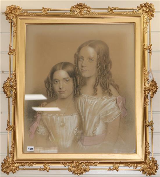 Victorian School, pastel portrait of two young sisters, ornate gilt frame, 63 x 53cm